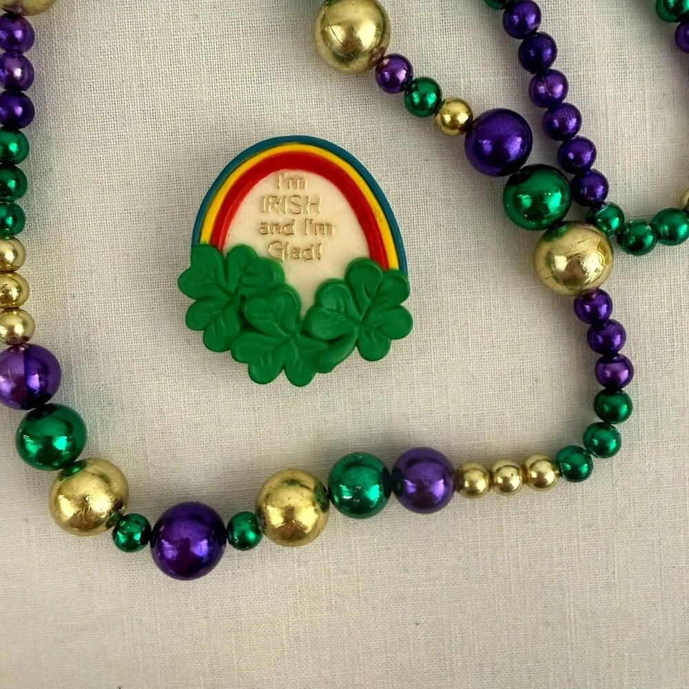 Vintage 1980 Irish Pin Brooch and St Patricks Madi Gras 34in Necklace  Set